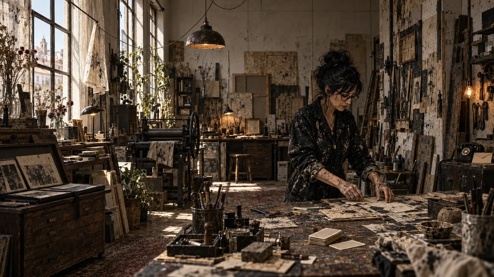Atelier Amë1ia, com materiais, mesas e iluminação cenográfica